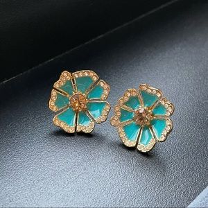 Kate Spade Aqua Blue Garden Grove Large Stud Earrings Pave Hibiscus Bloom Flower